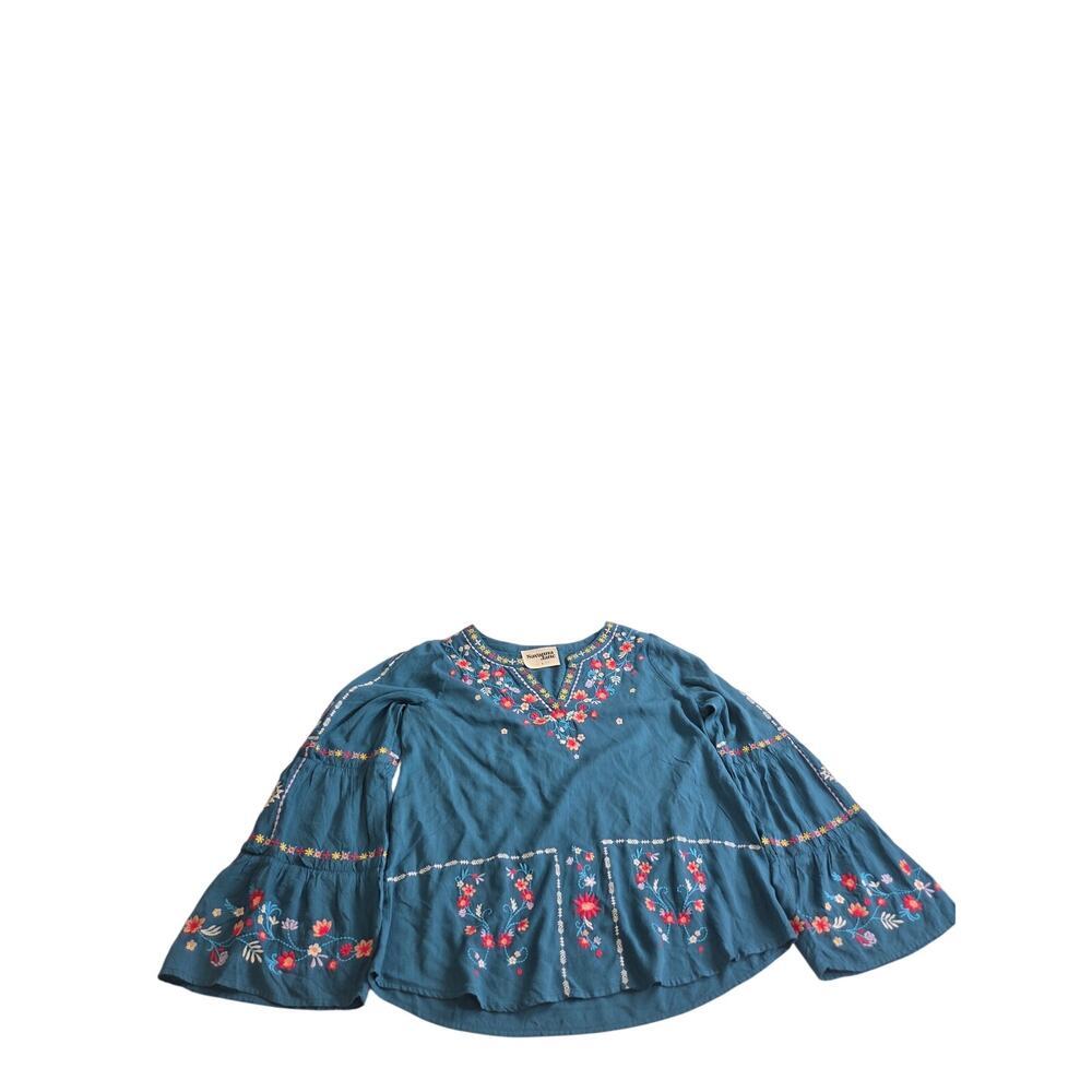 Savannah Jane Blouse Embroidered Sz L Top Boho Peasant Cottagecore Floral Teal
